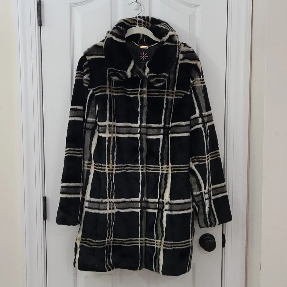 ISAAC MIZRAHI LIVE Faux Fur Dress Coat plaid, long Sz L - Picture 3 of 8